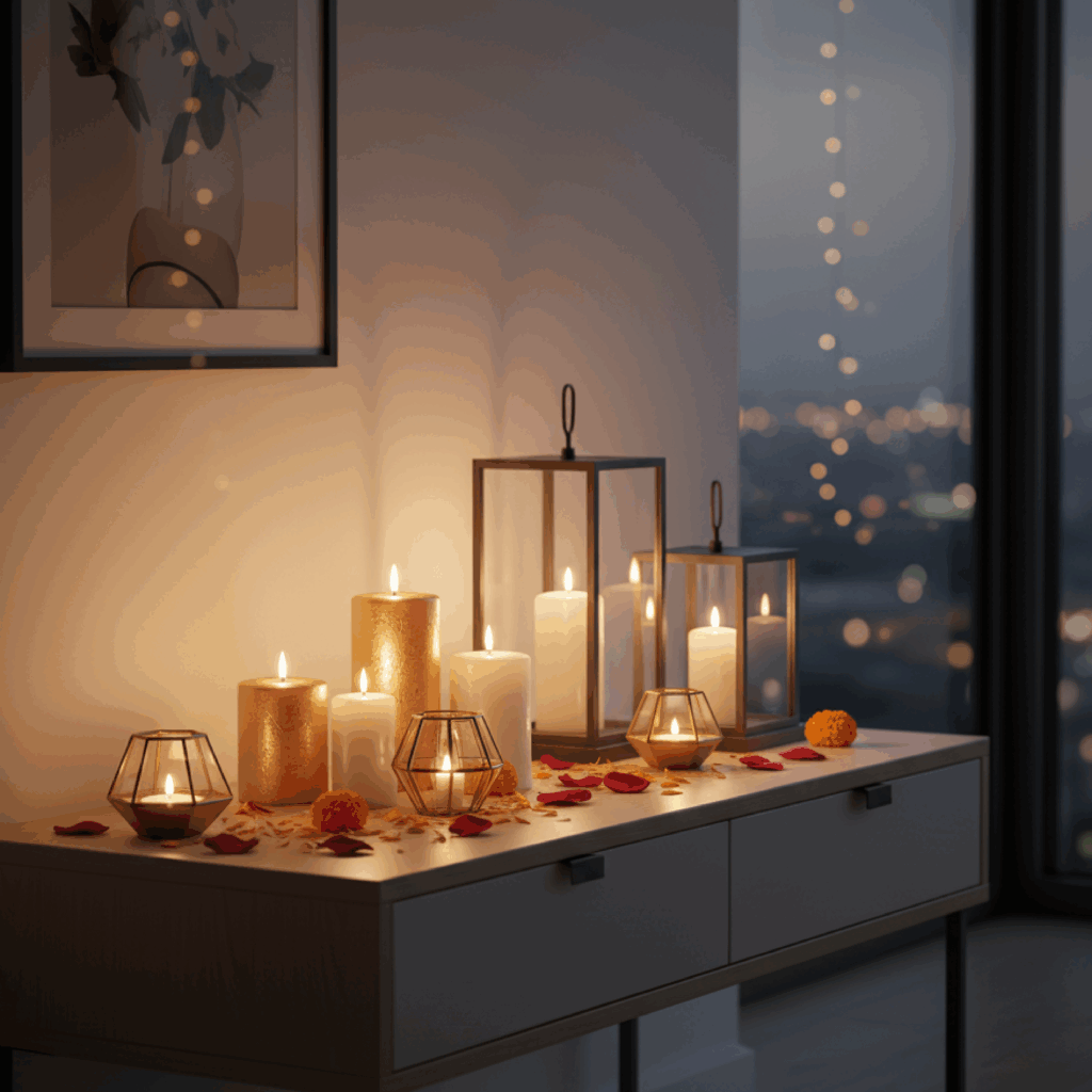 Modern Diwali candles and contemporary lighting with ambient glow and stylish décor in UAE home.