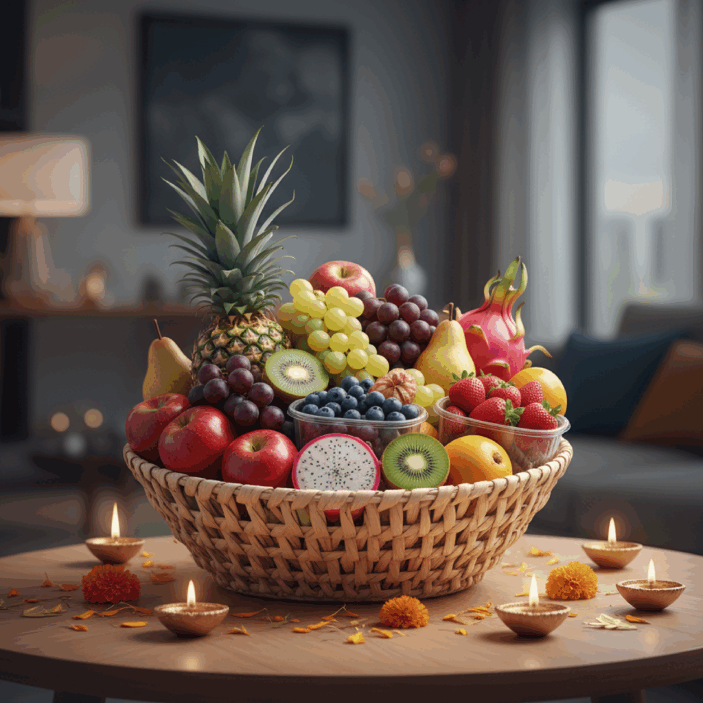 Elegant Diwali fruit hamper with assorted fresh fruits arranged stylishly for UAE gifting.