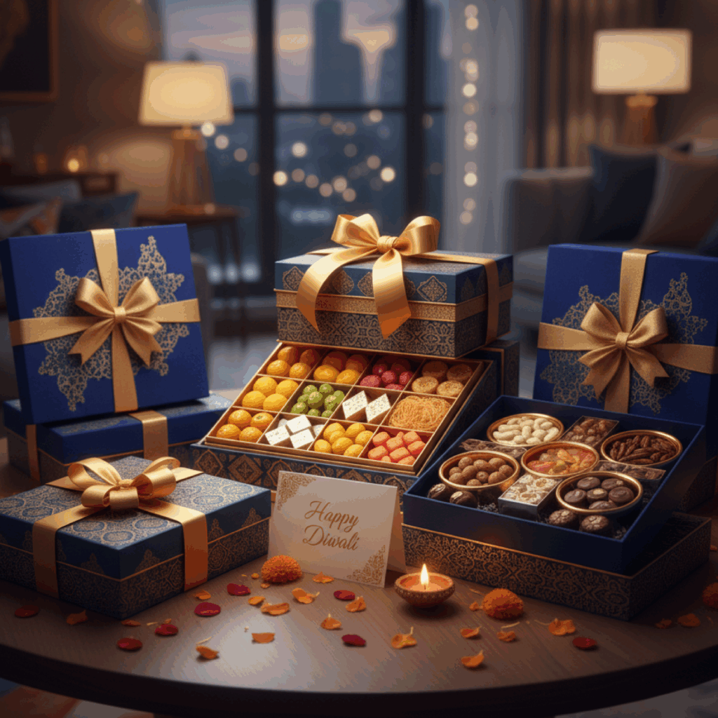 Luxury Diwali festive hamper with sweets, chocolates, dry fruits, and decorative items in modern UAE home.