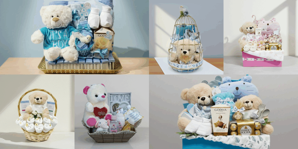 Luxury new baby gifts in UAE including newborn hampers, personalized baby sets, soft toys, and blankets beautifully arranged for gifting.