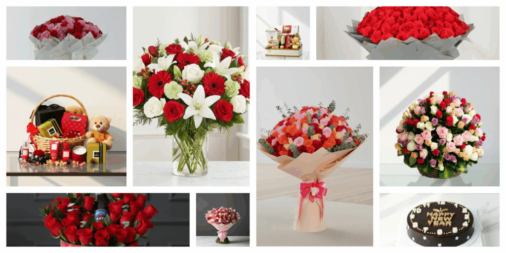 Luxurious New Year’s Gifts collection featuring elegant gift boxes, Ferrero Rocher bouquets, flowers, chocolates, cushions,decorations.