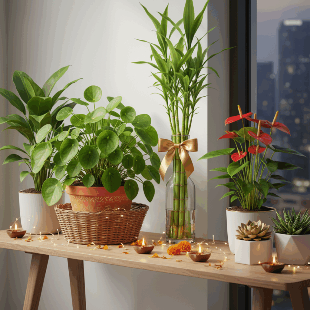 Elegant Diwali indoor plants and eco-friendly gifts in modern UAE home with festive décor
