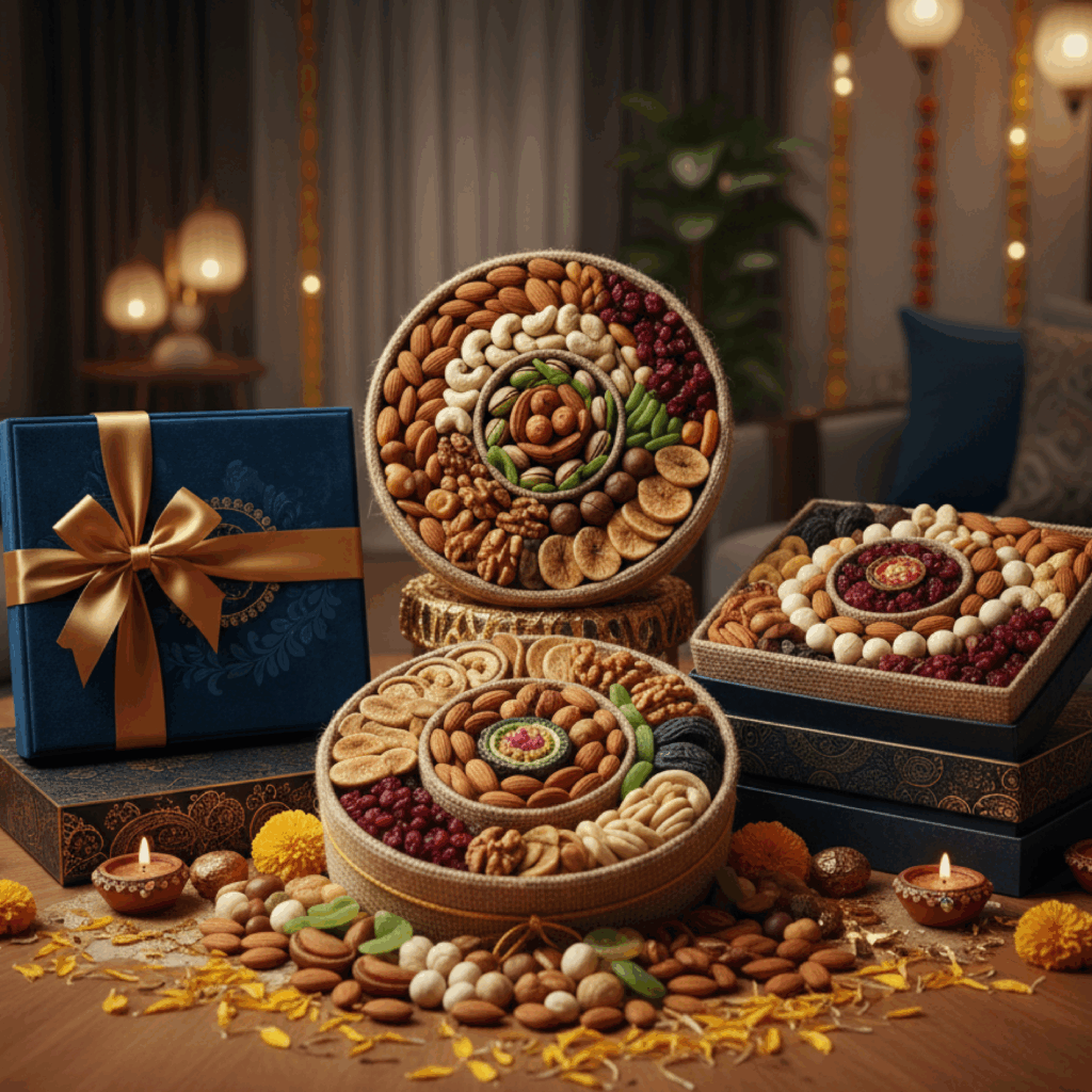 Elegant Diwali dry fruit basket with almonds, cashews, pistachios, figs, and premium festive packaging for UAE gifting.