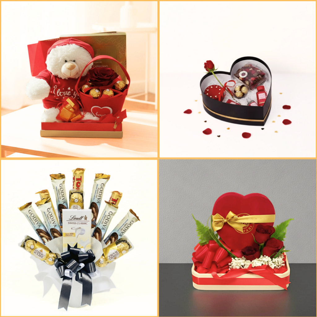 Romantic anniversary gift hamper with fresh flowers and chocolates arranged beautifully in an elegant box.