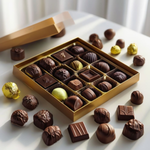 Festive chocolate gift box with seasonal packaging and premium chocolates for Christmas and New Year.