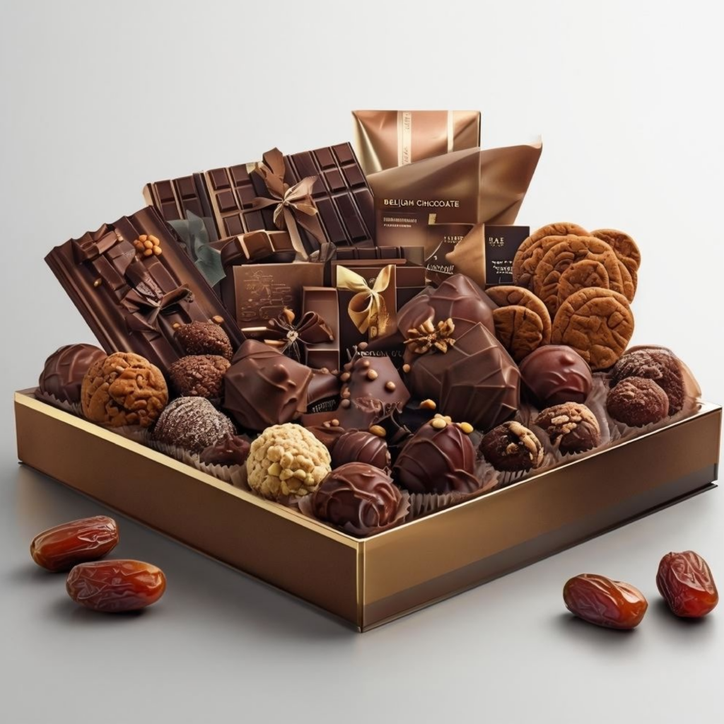 Chocolate combo gift set with chocolates, nuts, and dates in a luxury tray for UAE celebrations.