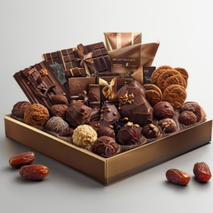 Chocolate combo gift set with chocolates, nuts, and dates in a luxury tray for UAE celebrations.