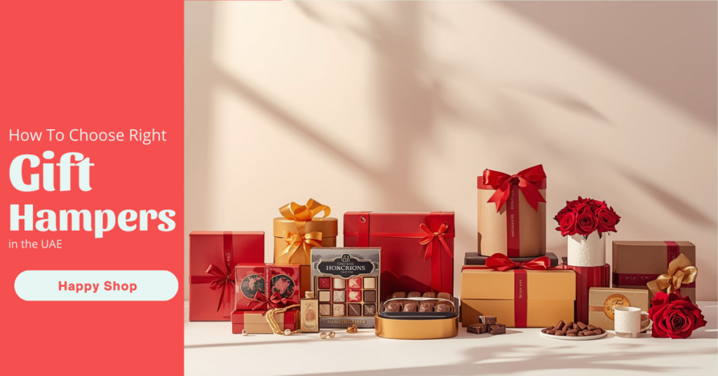 Modern assortment of gift hampers including chocolate baskets, flower bouquets, and luxury hampers on a clean background.