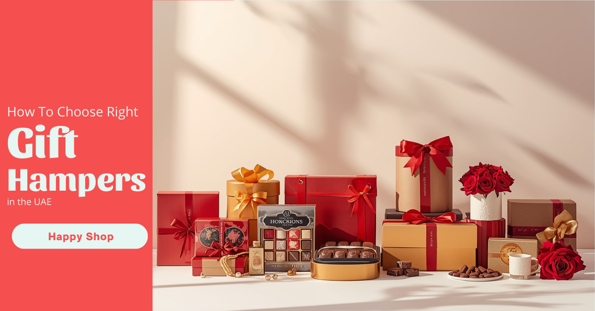 Modern assortment of gift hampers including chocolate baskets, flower bouquets, and luxury hampers on a clean background.