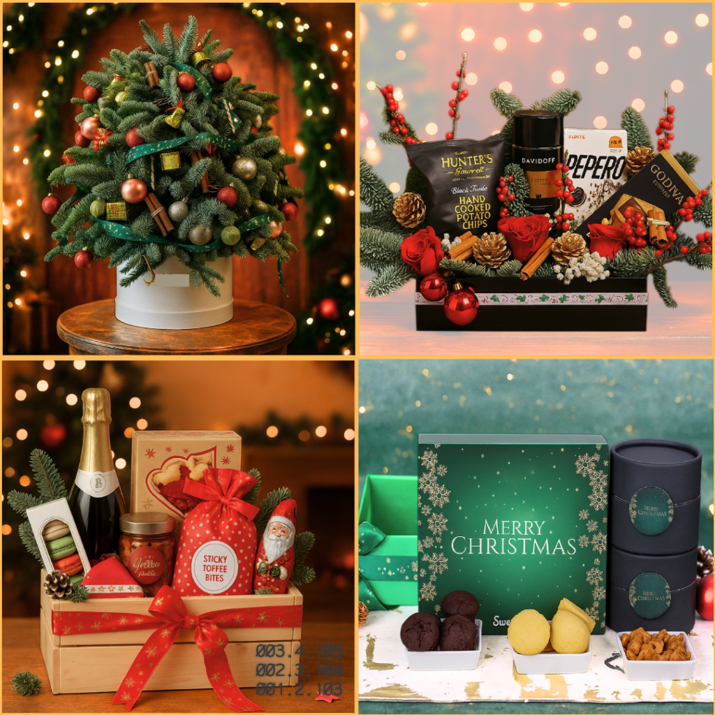 Christmas gift hamper with chocolates, festive treats, and vibrant packaging for Dubai celebrations.