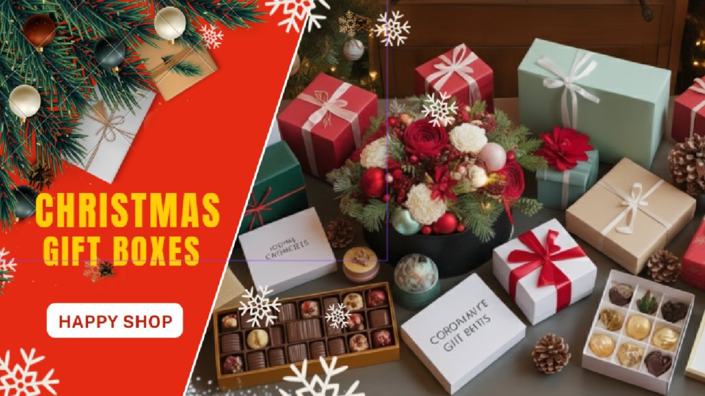 Beautifully arranged luxurious Christmas gift boxes with ribbons, ornaments, and chocolates in Dubai festive style