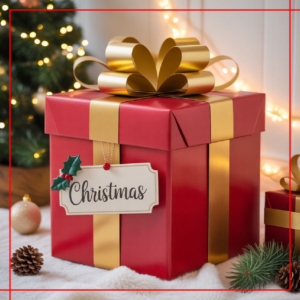Corporate Christmas gift box on office desk with festive decorations in Dubai