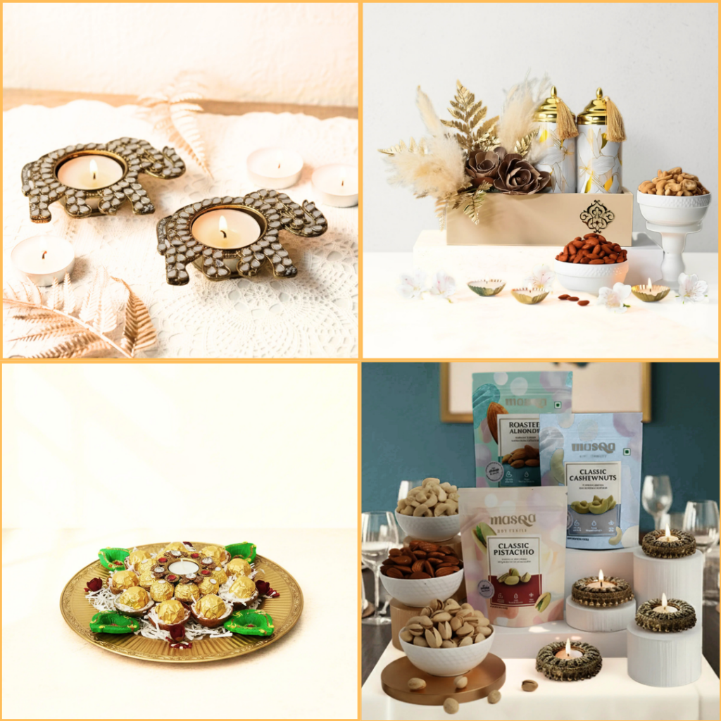 Elegant Diwali gift hamper with premium sweets and chocolates arranged in festive packaging.