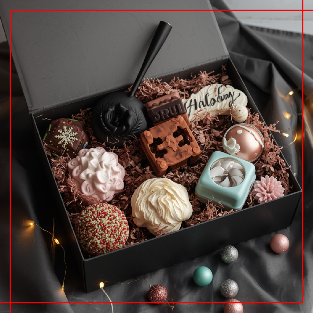 Luxury chocolate Christmas gift box with festive decorations in Dubai