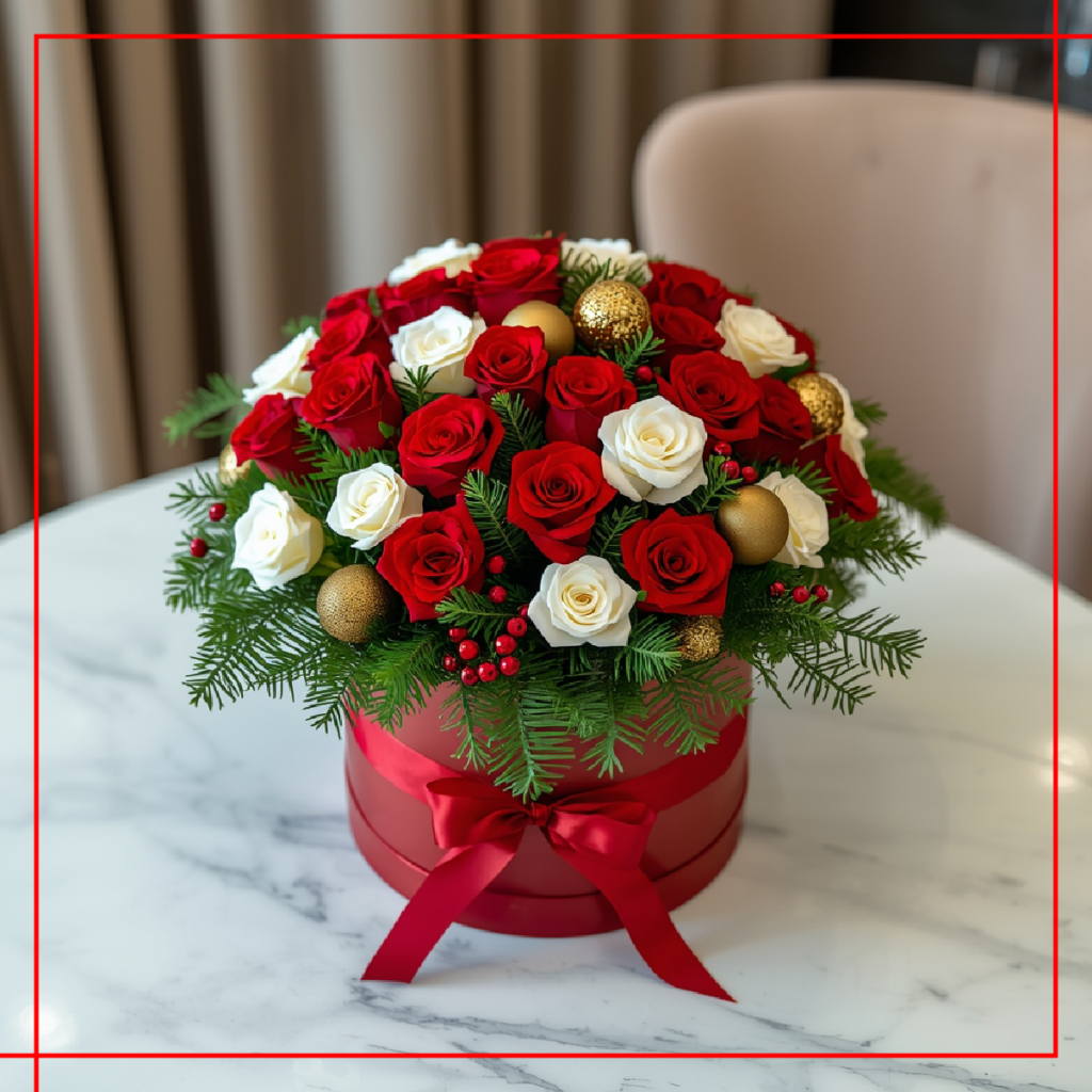 Elegant flower-inspired Christmas gift box with red and white flowers in Dubai