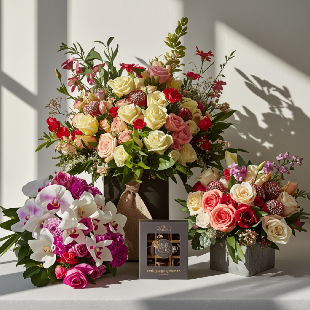 Fresh flower bouquet gift ideas for women in Dubai with elegant chocolate hampers