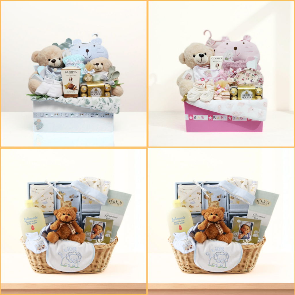 Cheerful new baby gift hamper with thoughtful items and sweets, ideal for welcoming a newborn in Dubai.
