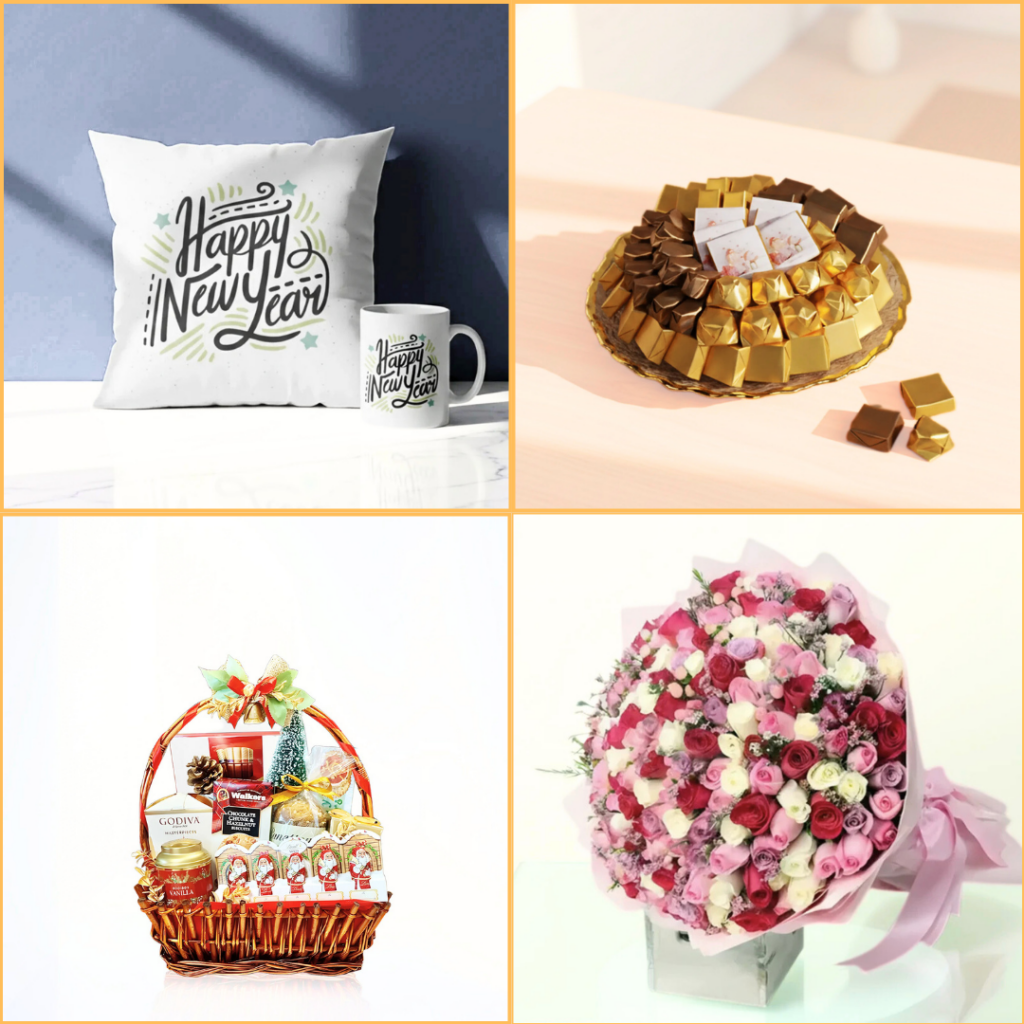 Festive New Year gift hamper with assorted chocolates and premium treats on a modern neutral background