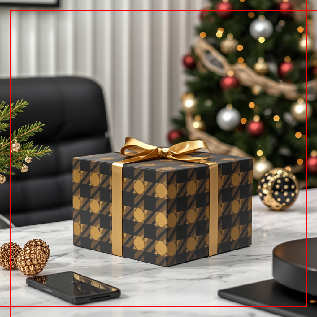 Personalised Christmas gift box with name tag and festive wrapping in Dubai