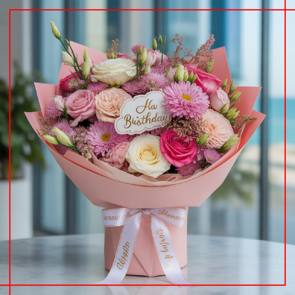 Personalized birthday flower bouquet in Dubai with custom ribbon and elegant arrangement