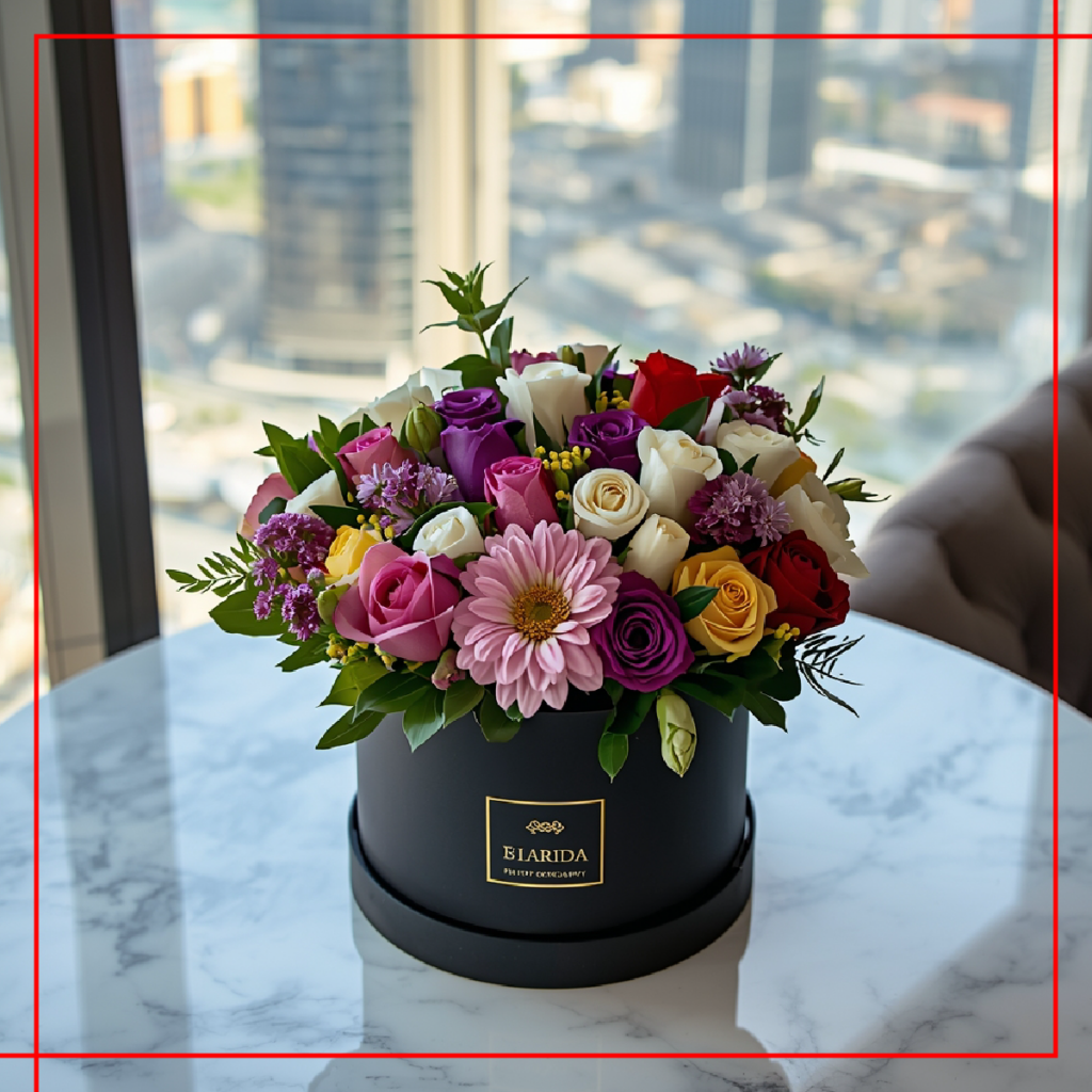 Trendy flower box bouquet with chocolates for birthdays in Dubai, modern and stylish
