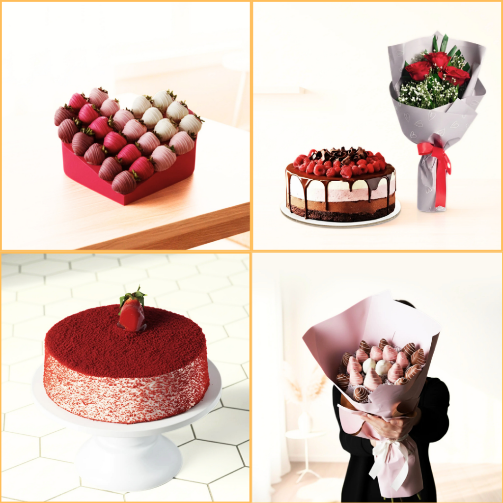 Valentine’s Day hamper with heart-themed packaging, premium chocolates, and fresh roses in Dubai.