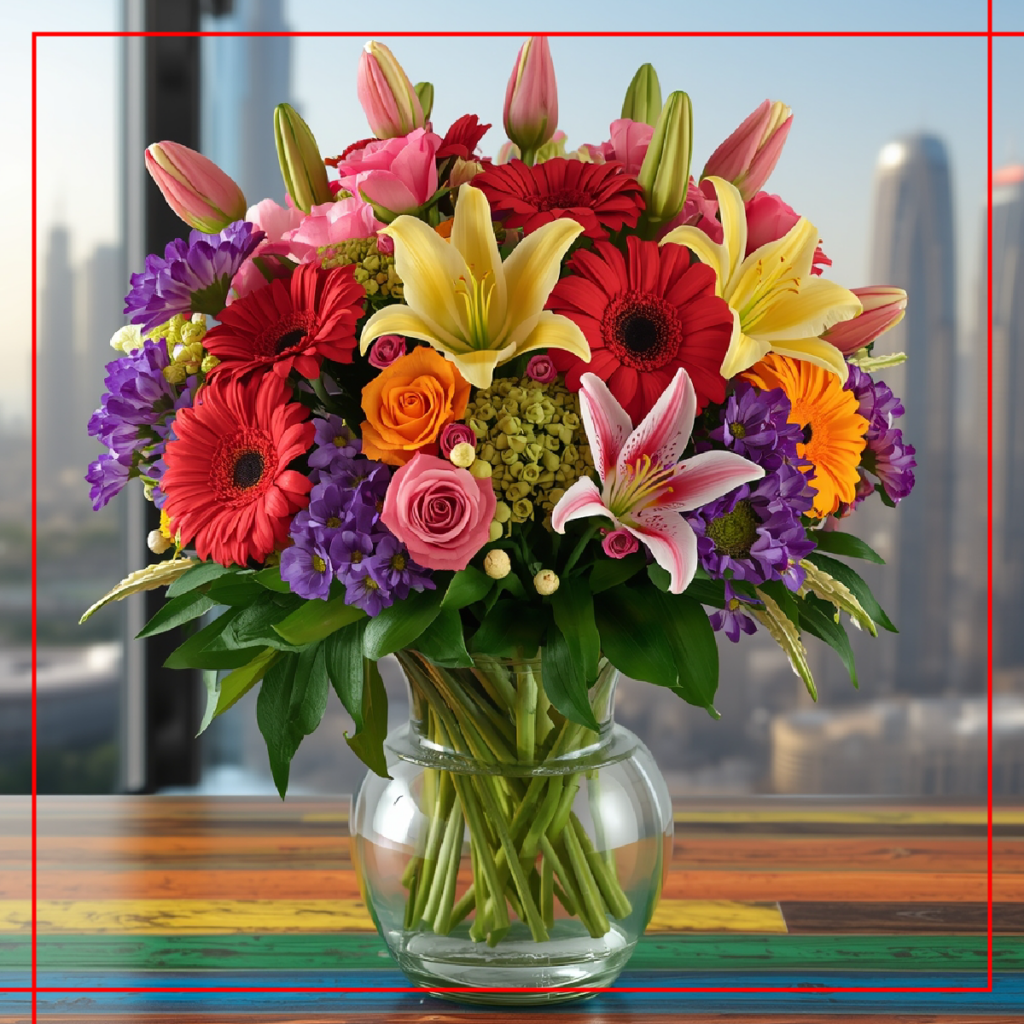 Vibrant mixed flower bouquet for birthdays in Dubai, featuring roses, lilies, gerberas, and tulips